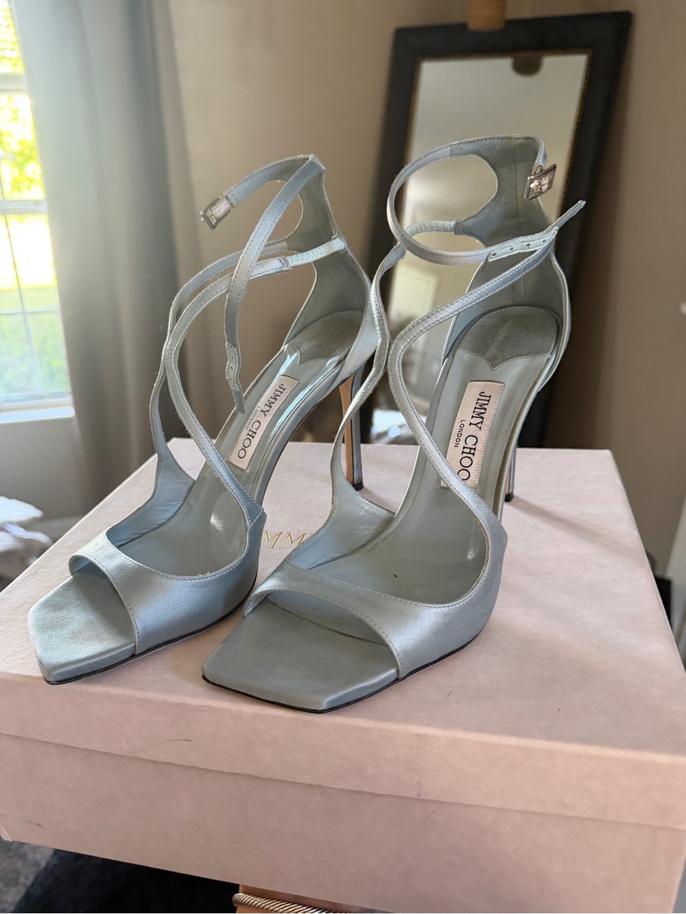 Jimmy Choo Women's ice blue  Satin Strappy High Heel Sandals